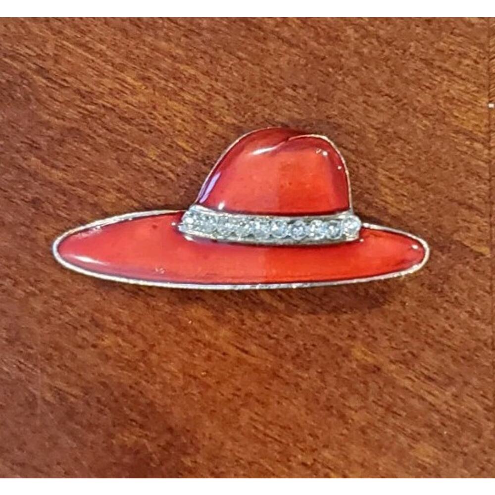 2 Inch Vintage Red Hat Enameled Rhinestone Brooch Pin Derby Collectible